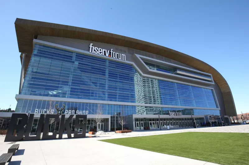 Exterior shot of Fiserv Forum arena