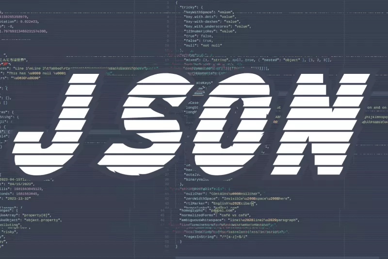 Json written in all caps, white text on dark background containing code
