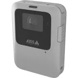 Grey and square shaped AXIS W110 Body Worn Camera with a black lens and the AXIS logo.