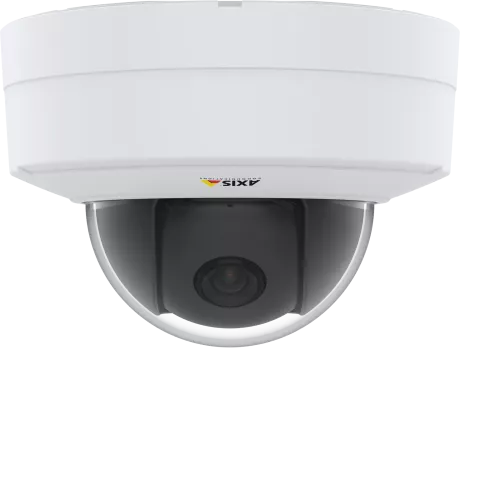 IP Camera AXIS p3245 v has Remote zoom and focus. The camera is viewed from ceiling front