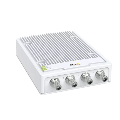 AXIS M7104 Video Encoder dall'angolo destro con luci accese