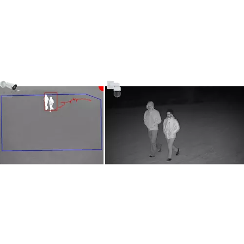 Two black and grey photos of two people walking. Two camera angled from its right.
