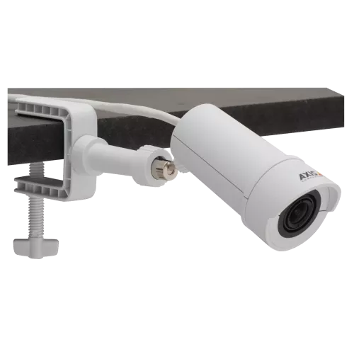 AXIS F8205 Bullet Accessory with AXIS F1005-E Sensor Unit mounted on clamp, from the right angle