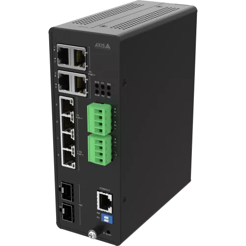 AXIS D8208-R Industrial PoE++ Switch, visto dal suo angolo sinistro