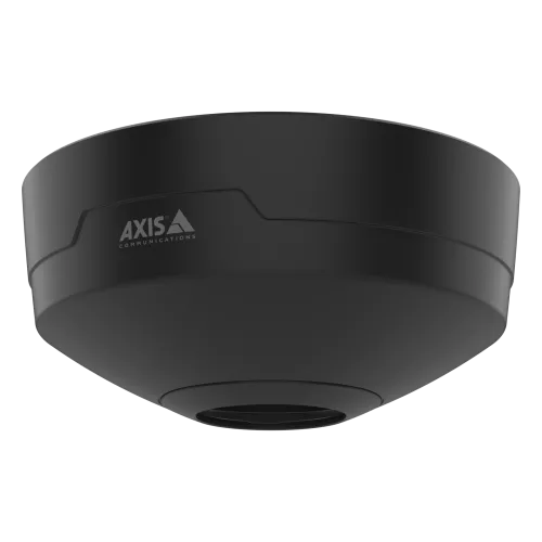 Camera AXIS TM3819 Casing in black color, viewed from its front and mounted in ceiling.