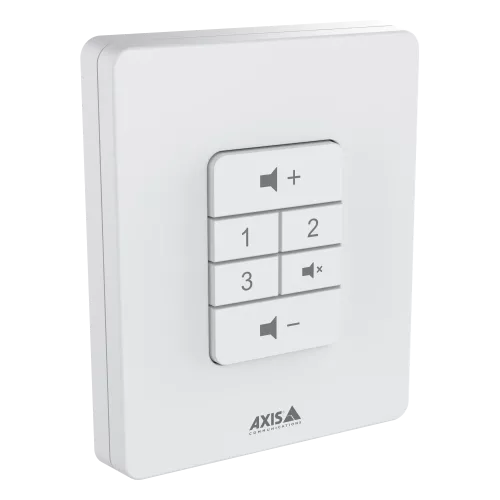 Panel de control de volumen blanco para montaje en pared C8310 visto desde la derecha.