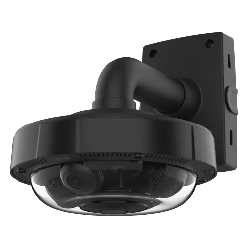AXIS P3735-PLE with TP3301-E and TP3105-E for wall ceiling. The camera is viewed from its left angle.