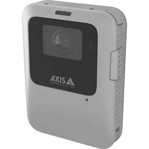 Grey and square shaped AXIS W110 Body Worn Camera with a black lens and the AXIS logo.