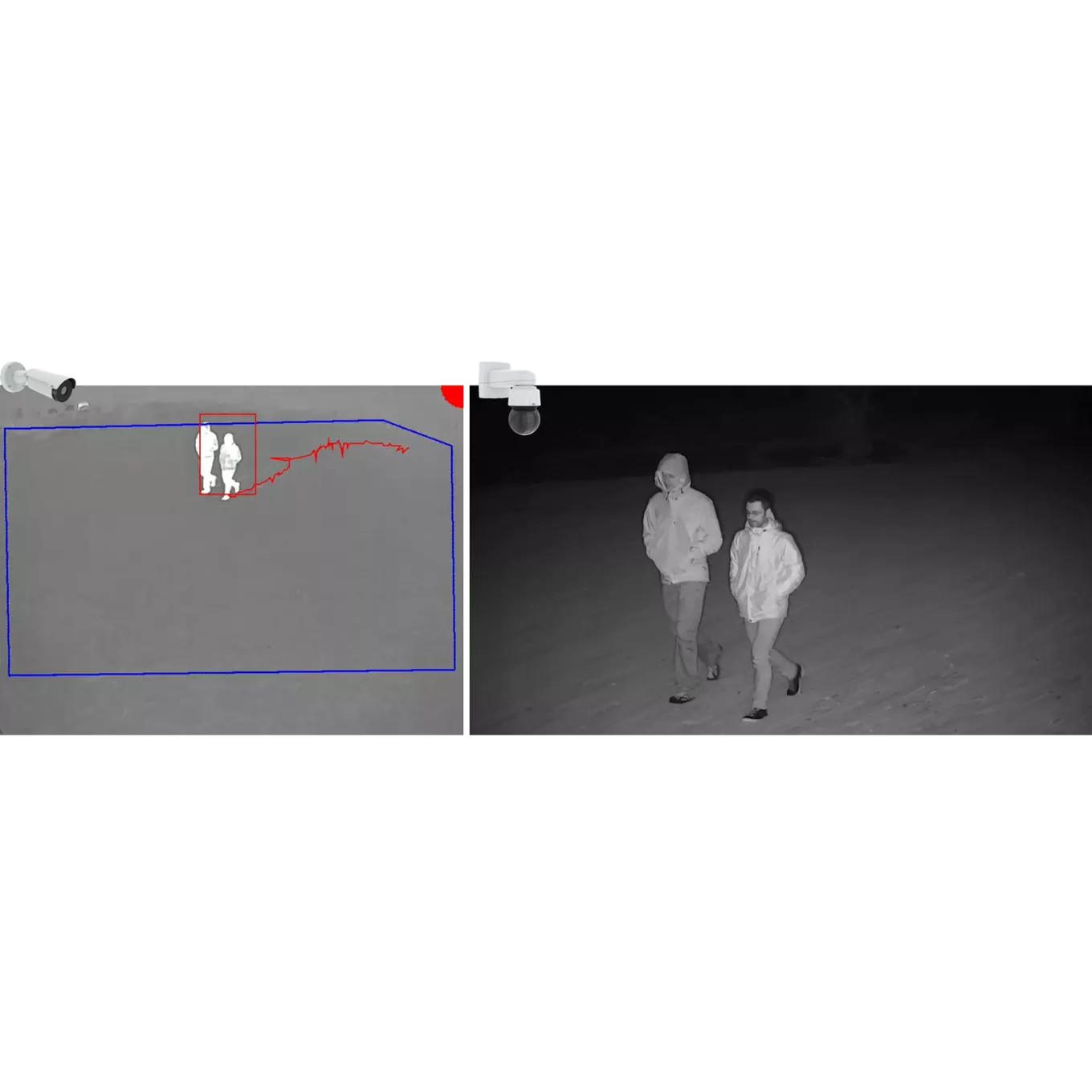 Two black and grey photos of two people walking. Two camera angled from its right.