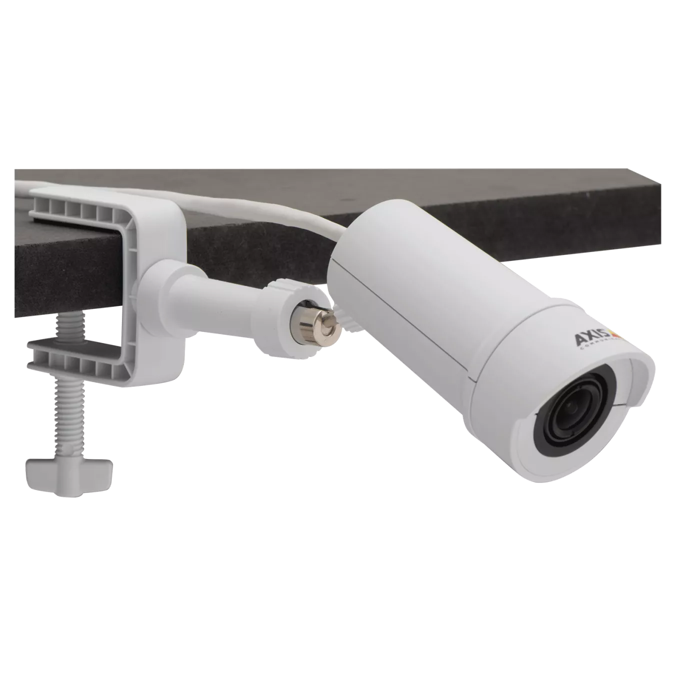 AXIS F8205 Bullet Accessory with AXIS F1005-E Sensor Unit mounted on clamp, from the right angle