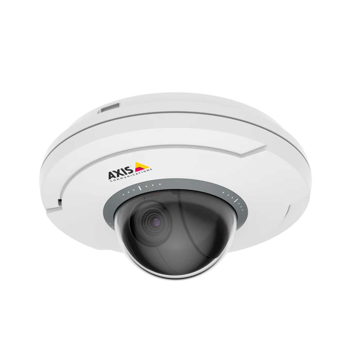 M5074 PTZ Camera black and white with a Axis logo viewed from its left