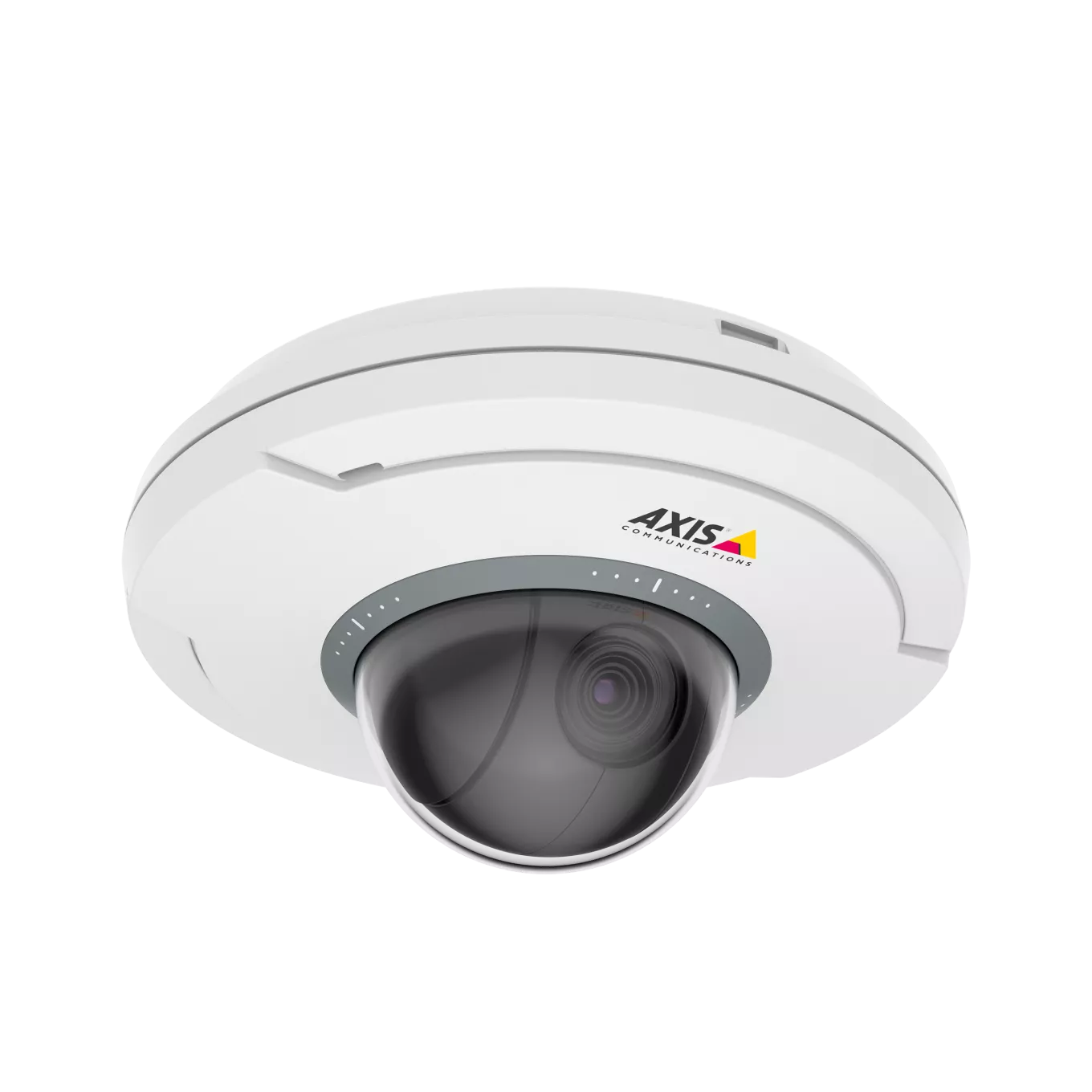 AXIS M5075 white and black camera with the AXIS logo is angled on its right