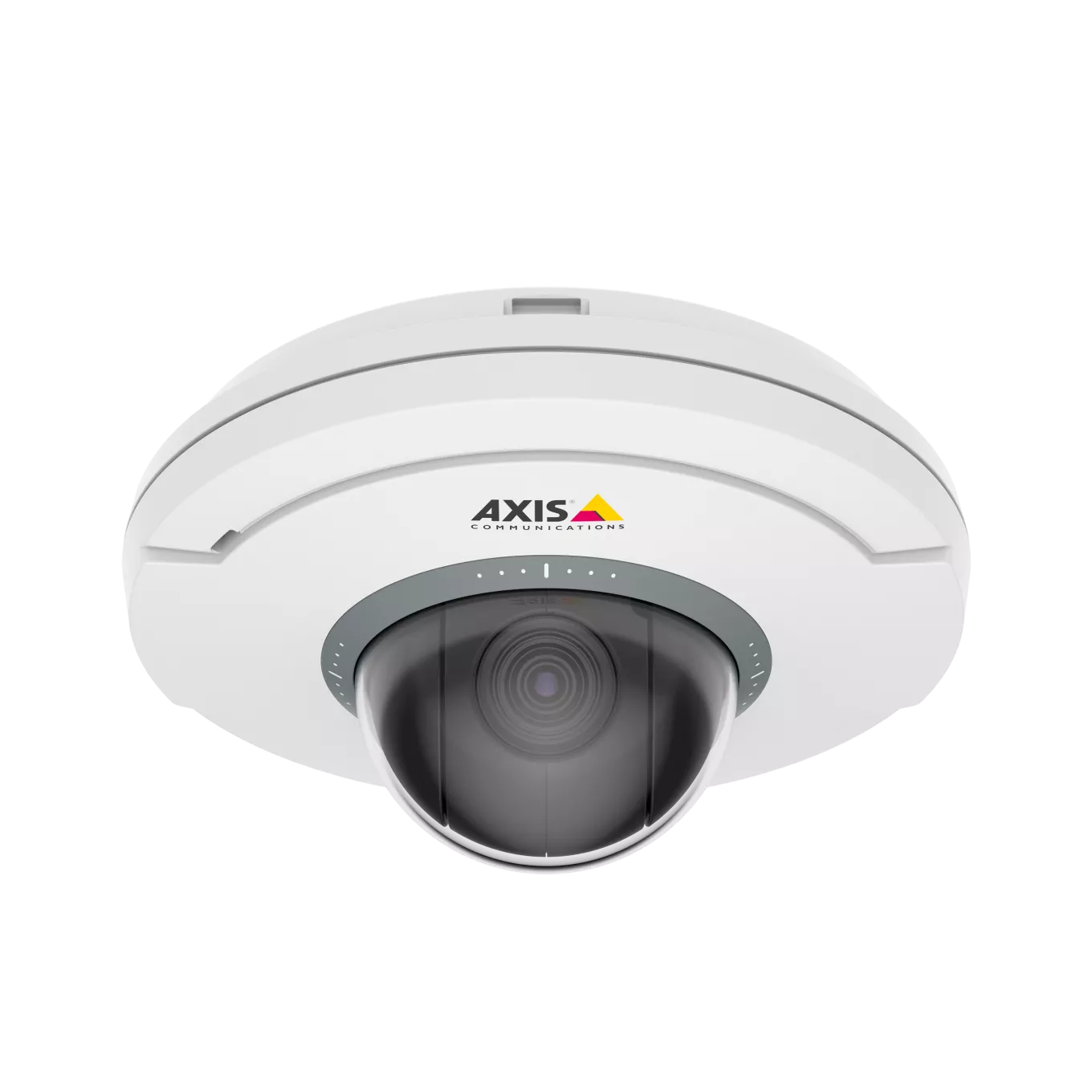 AXIS M5075 white and black camera with the AXIS logo is viewed from its front