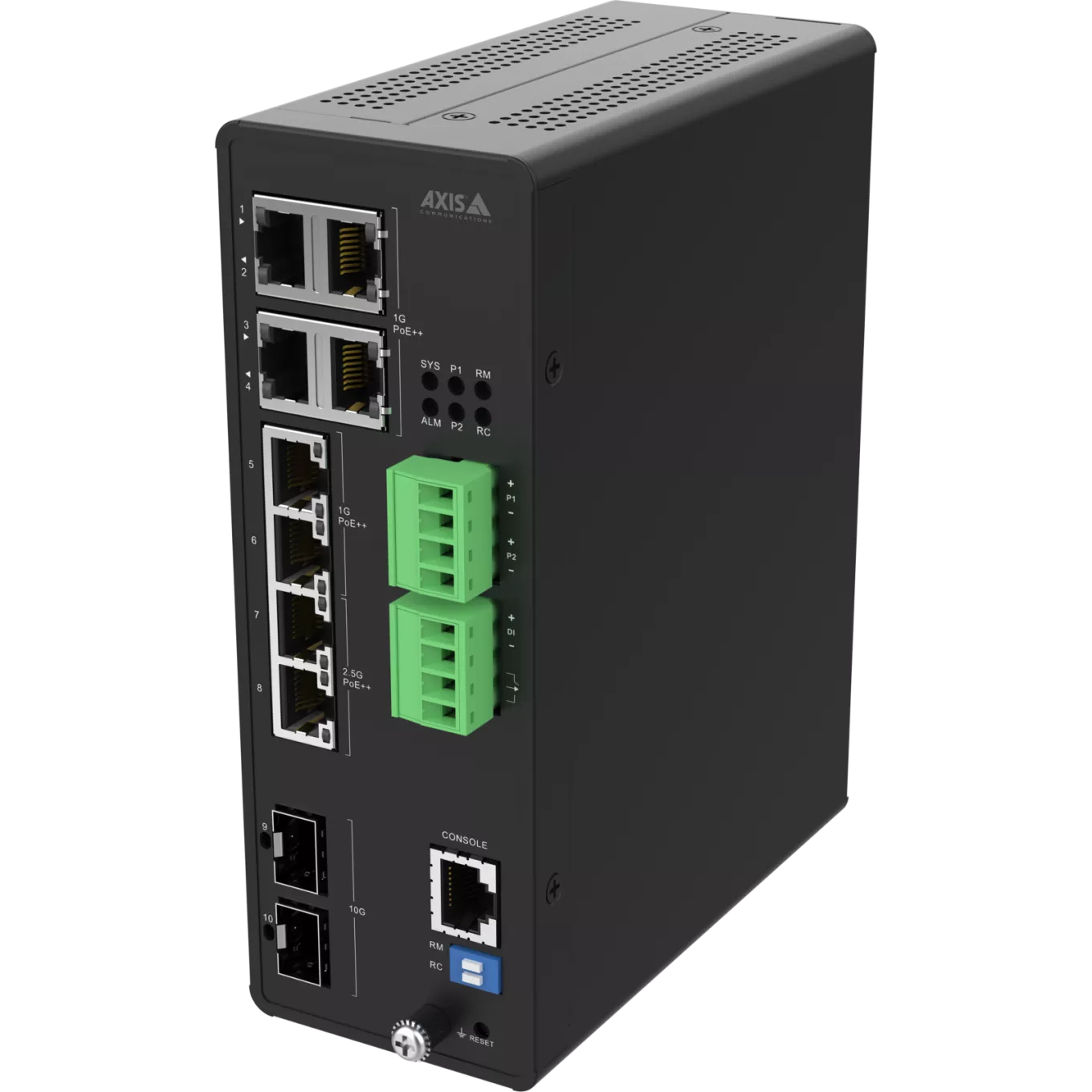 AXIS D8208-R Industrial PoE++ Switch, visto dal suo angolo sinistro