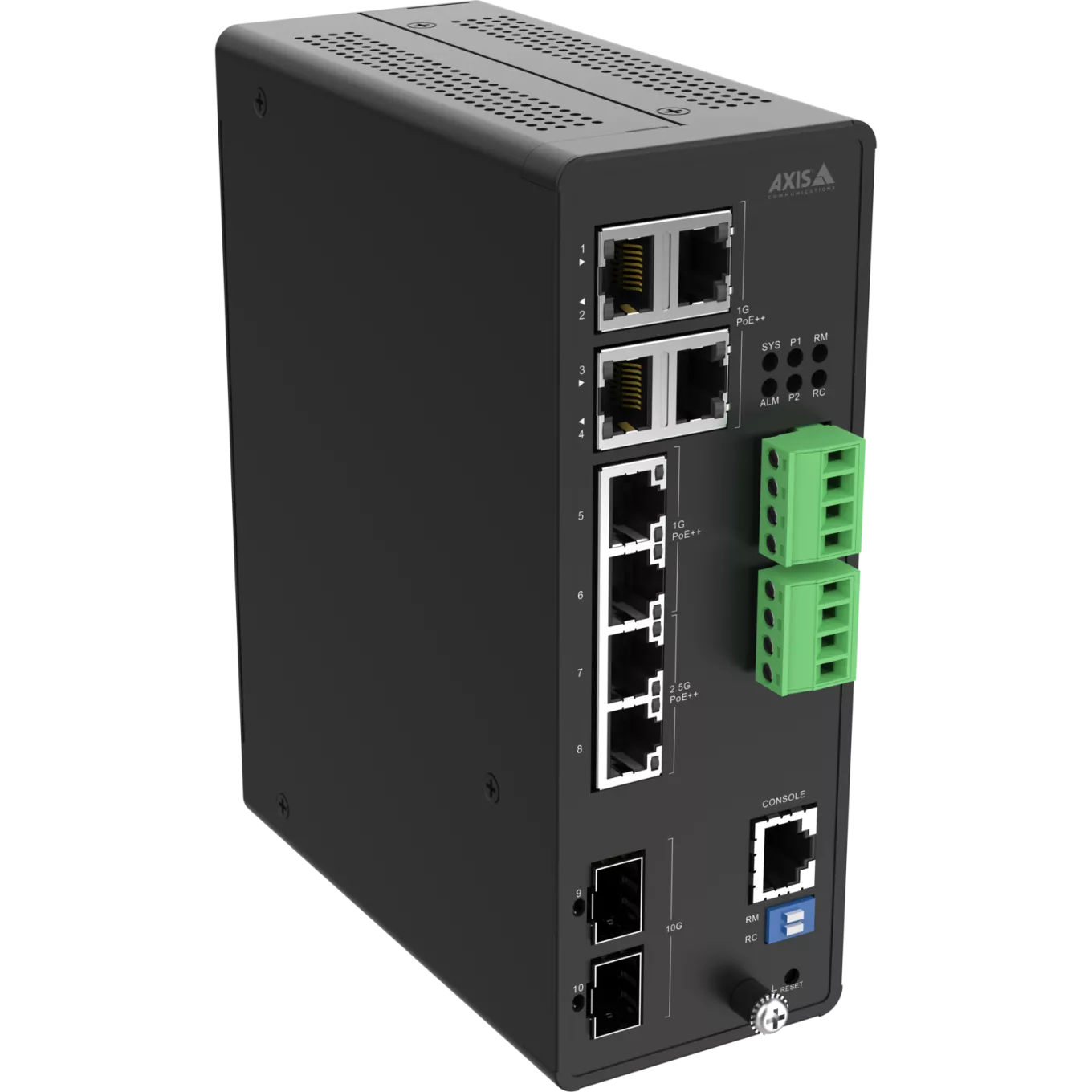 AXIS D8208-R Industrial PoE++ Switch, visto dal suo angolo destro
