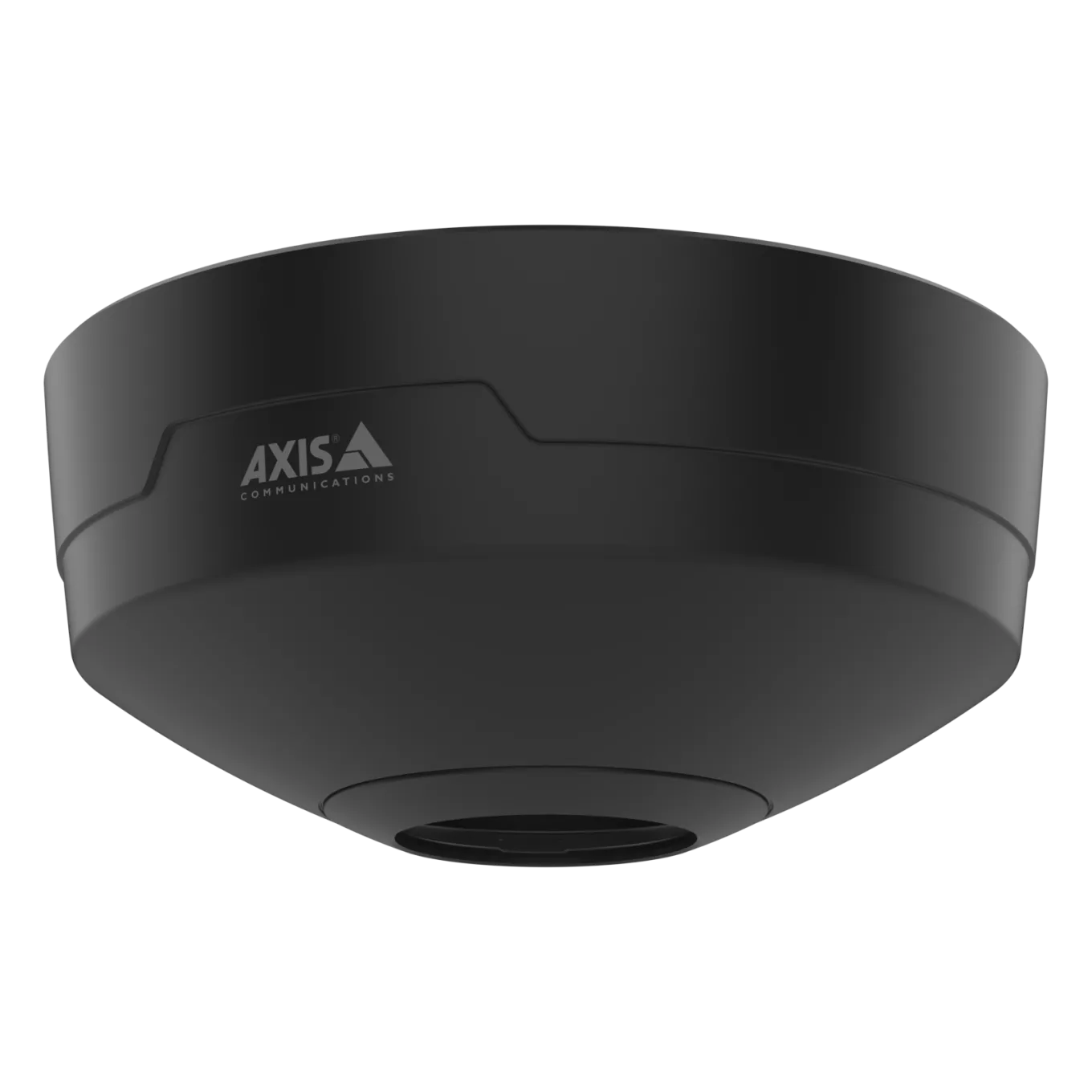 Camera AXIS TM3819 Casing in black color, viewed from its front and mounted in ceiling.