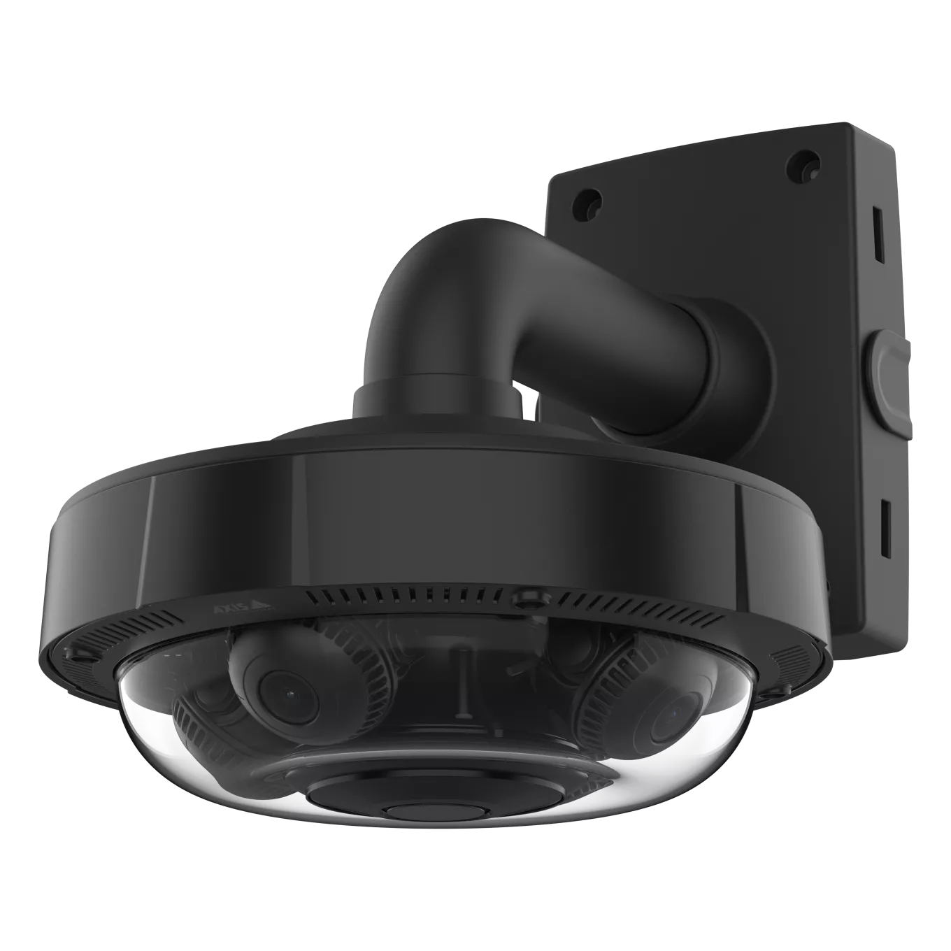 AXIS P3735-PLE with TP3301-E and TP3105-E for wall ceiling. The camera is viewed from its left angle.