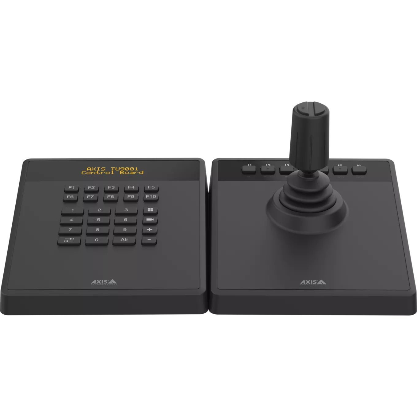 AXIS TU9001 Control Board for professional camera and video management, keypad and joystick next to each other, text on LCD display