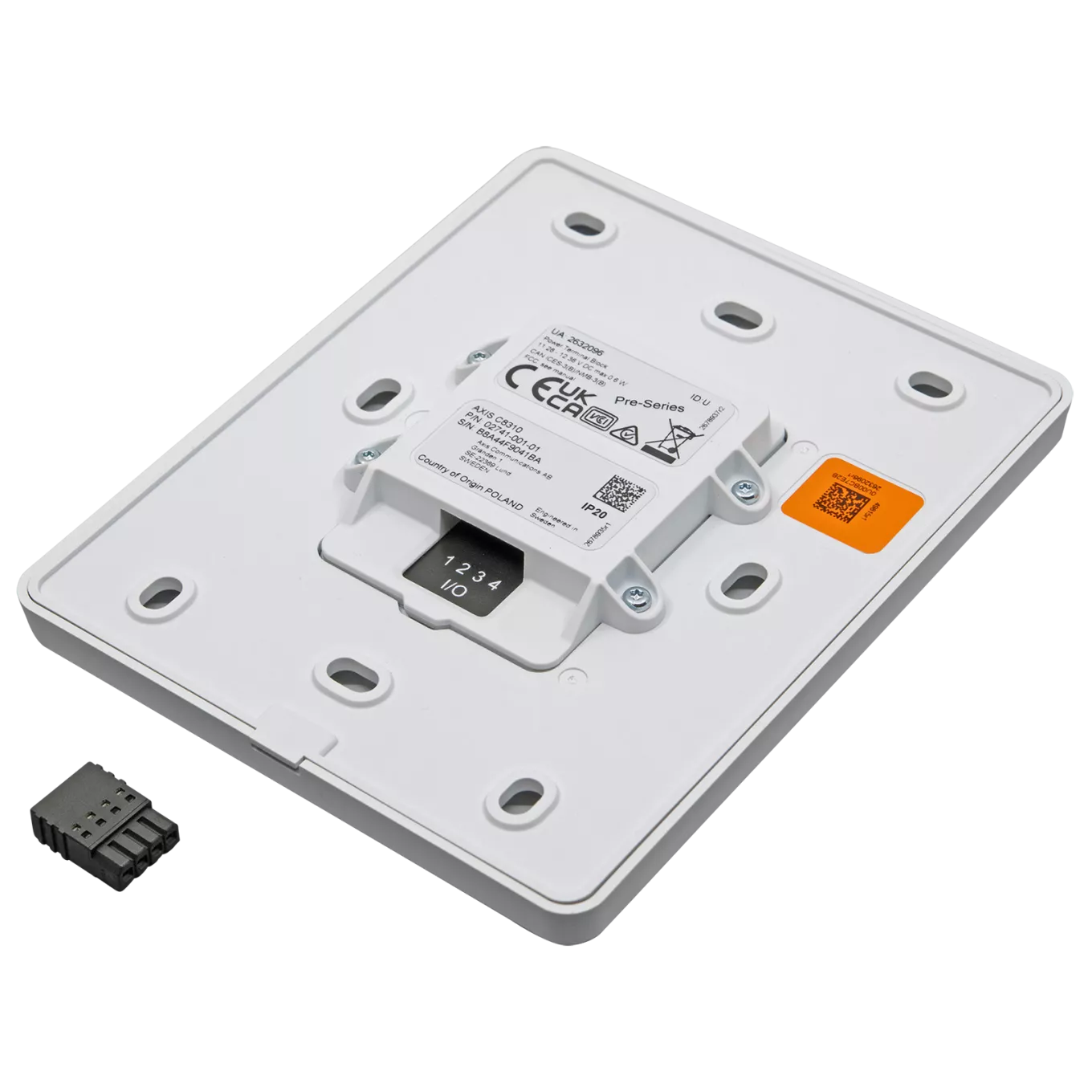 Panel de control de volumen blanco para montaje en pared C8310 visto desde la derecha.
