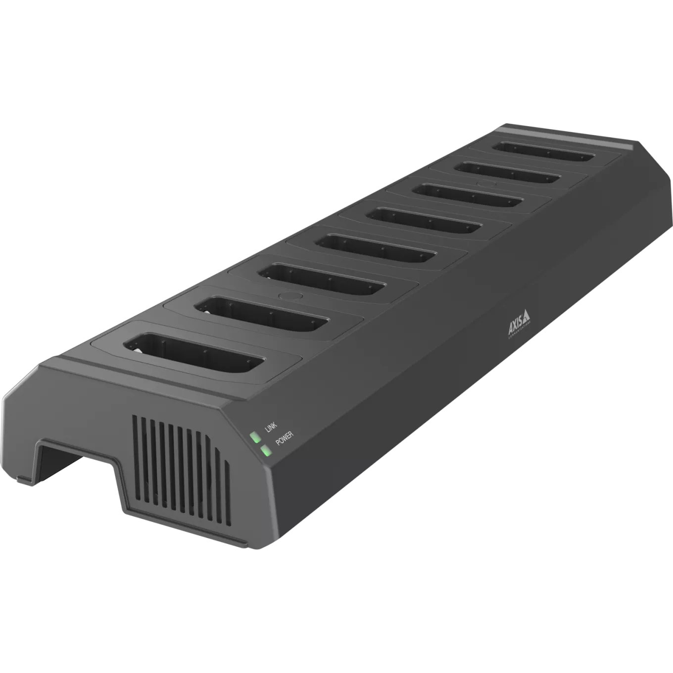 AXIS W703 Docking Station 8-bay, in black color, viewed from its left angle