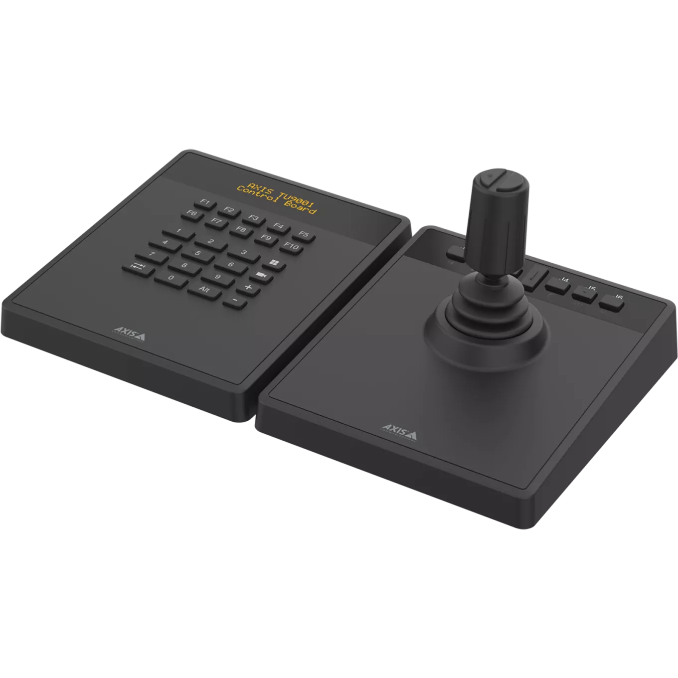 AXIS TU9001 Control Board for professional camera and video management, keypad and joystick next to each other, text on LCD display